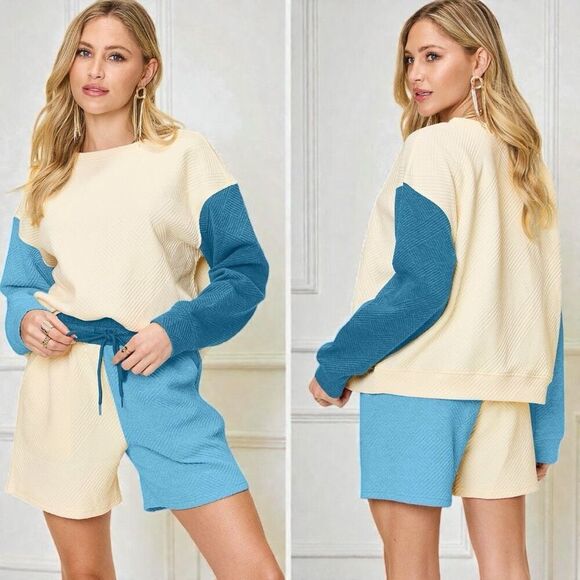 Blue Contrast Color Block Drop Shoulder Long Sleeve Top & Shorts Lounge Set NWT - Picture 2 of 13